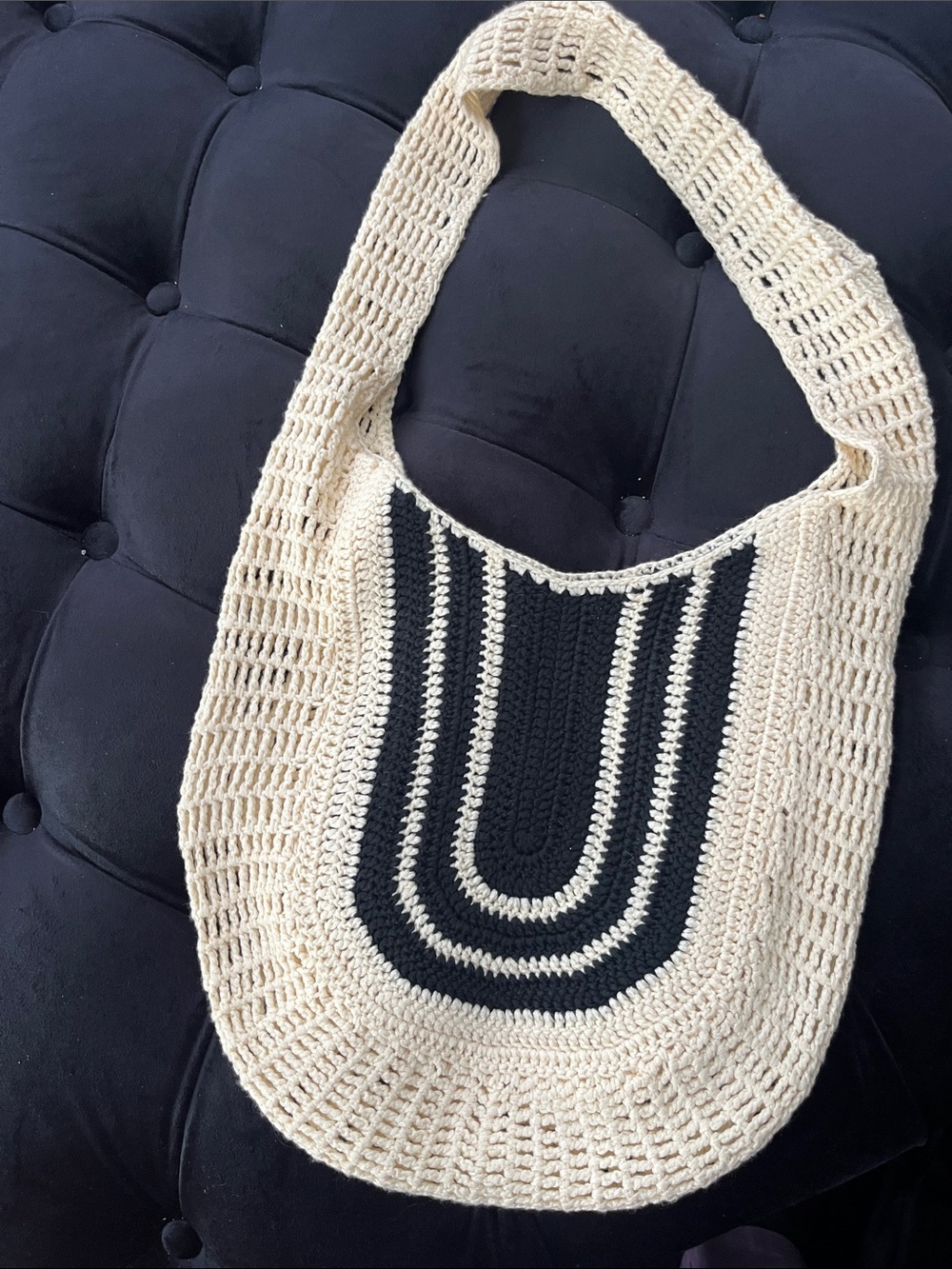 Handwoven urban originals  Cream and Black Crochet Shoulder Bag/tote